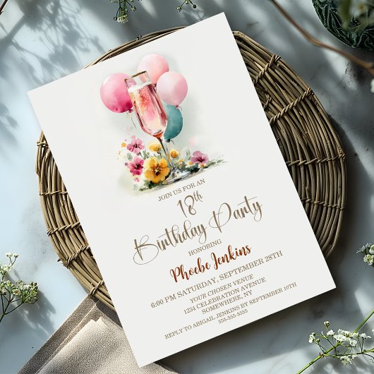 Invitation Verre de Champagne rose 18ème anniversaire