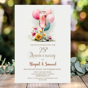 Invitation Verre de Champagne rose 25e anniversaire de Mariag