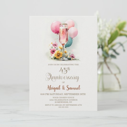 Invitation Verre de Champagne rose 45e anniversaire de Mariag (Debout devant)
