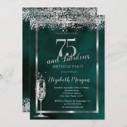 Invitation Verre de Champagne Silver Confetti Vert 75e (Devant / Derrière)