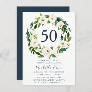 Invitation Verre de fleurs blanches Vert 50e fête d'anniversa