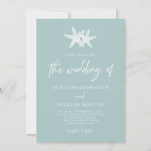 Invitation Verre de mer moderne Starfish Beach Script Mariage (Devant)