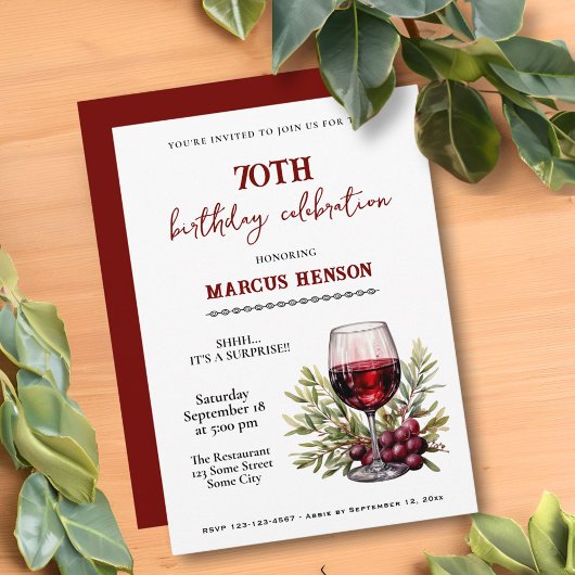 Invitation Verre de vin rustique 70e anniversaire Surprise Pa