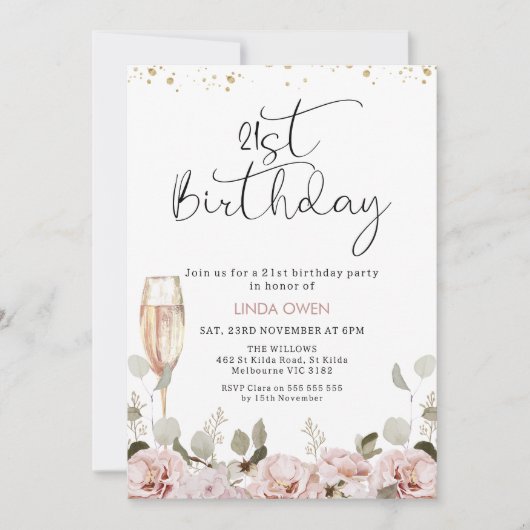 Invitation Verre floral clair 21e anniversaire (Devant)