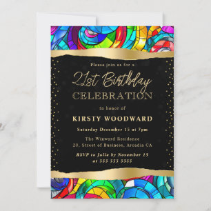 Invitation Verre multicolore et doré pour 21e anniversaire