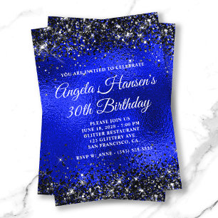 Invitation Verre Pailleté Noir Bleu Royal 30e Anniversaire