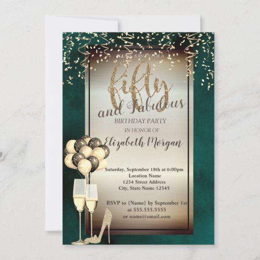 Invitation Verre Parties scintillant or, Ballons Vert 50e ann (Devant)