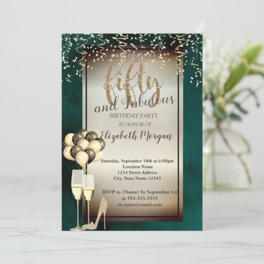 Invitation Verre Parties scintillant or, Ballons Vert 50e ann (Debout devant)