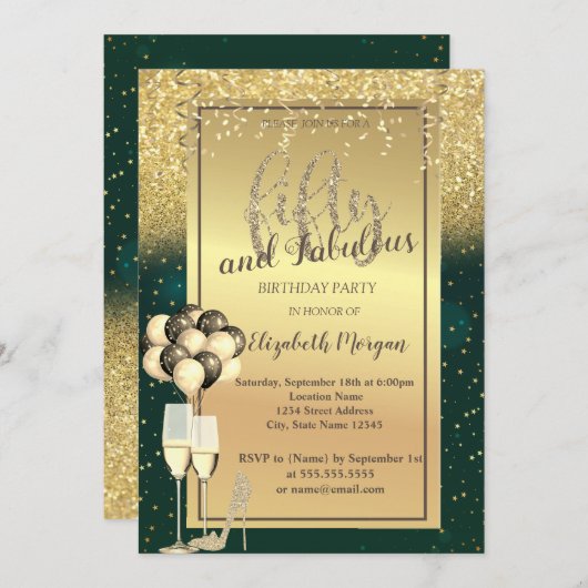 Invitation Verre Parties scintillant or, Ballons Vert 50e ann (Devant / Derrière)