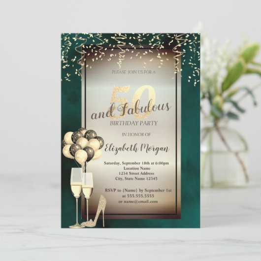 Invitation Verre Parties scintillant or, Ballons Vert 50e ann (Debout devant)