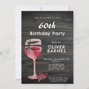 Invitation Verre rouge Aquarelle Bois 60e fête d'anniversaire