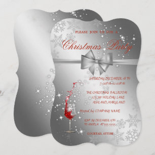 Invitation Verre Rouge Argenté, Fête de Noël d'entreprise