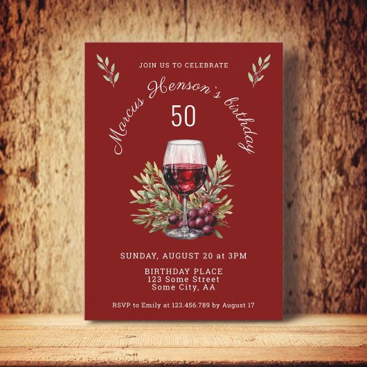 Invitation Verre rouge Olive Aquarelle 50e anniversaire