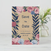 Invitation Verre rustique bleu marine rose floral Enregistrer (Debout devant)