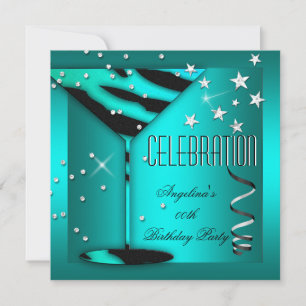 Invitation Verre Zèbre Fête d'Anniversaire Bleu Turquoise