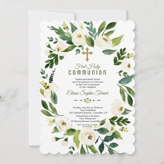 Invitation Verrerie florale blanche moderne Sainte Communion (Devant)