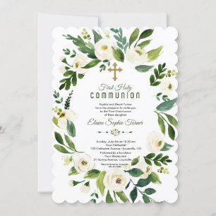 Invitation Verrerie florale blanche moderne Sainte Communion