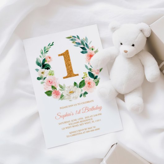 Invitation Verrerie florale rose pâle 1er anniversaire Invita