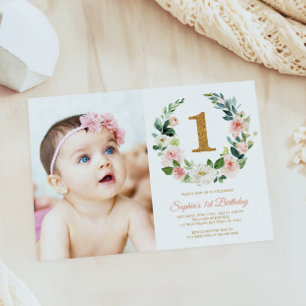 Invitation Verrerie florale rose vif Photo 1er anniversaire
