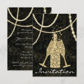 Invitation Verres à champagne à bulles dorées noires et blanc (Devant / Derrière)