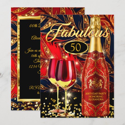 Invitation Verres à champagne dorés pour fête d'anniversaire (Devant / Derrière)