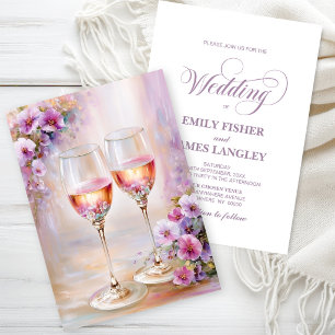 Invitation Verres à Champagne Fleuris Roses Mariage