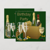 Invitation Verres à vin de champagne en or vert pour fête d'a (Devant / Derrière)