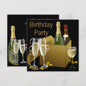 Invitation Verres à vin de Champagne Noir Or Fête d'Anniversa (Devant / Derrière)