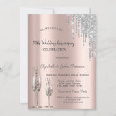 Invitation Verres à vin gouttes de rose or mariage anniversai (Devant)