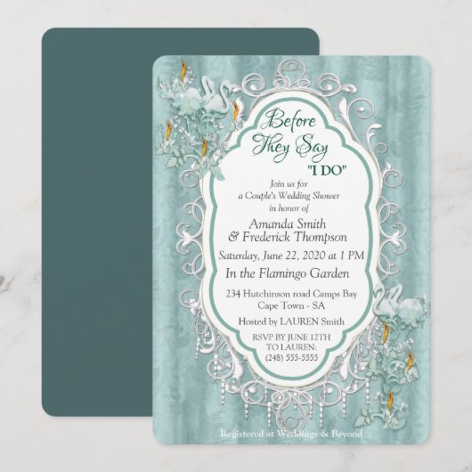 Invitation Verres de soie verte Sage & fleurs de flamants (Devant / Derrière)