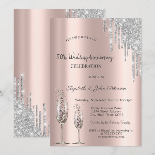 Invitation Verres de vin goutte à goutte Rose Gold Mariage An (Devant / Derrière)