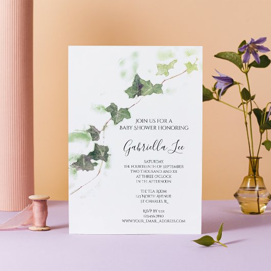 Invitation Vert anglais Vine d'aquarelle Baby shower