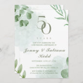 Invitation Vert aquarelle Feuille 50e anniversaire Mariage (Devant / Derrière)