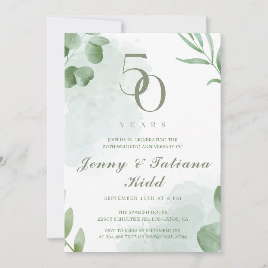 Invitation Vert aquarelle Feuille 50e anniversaire Mariage (Devant)
