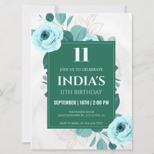 Invitation Vert aquarelle Floral 11e anniversaire (Devant)