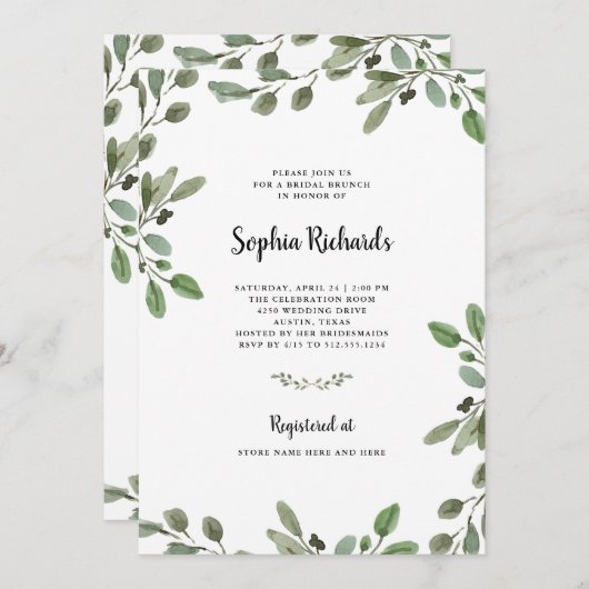 Invitation Vert aquarelle simple | Brunch nuptial (Devant / Derrière)