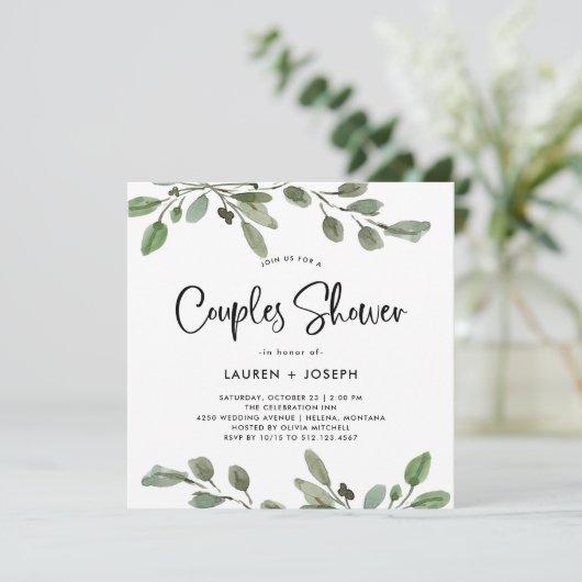 Invitation Vert aquarelle simple | Douche Couples (Debout devant)