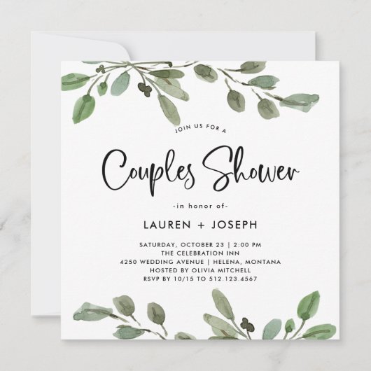 Invitation Vert aquarelle simple | Douche Couples (Devant)