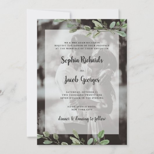 Invitation Vert aquarelle simple | Mariage photo (Devant)
