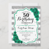 Invitation Vert Argent Blanc Stripes Floral 50e anniversaire (Devant)