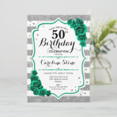 Invitation Vert Argent Blanc Stripes Floral 50e anniversaire (Debout devant)