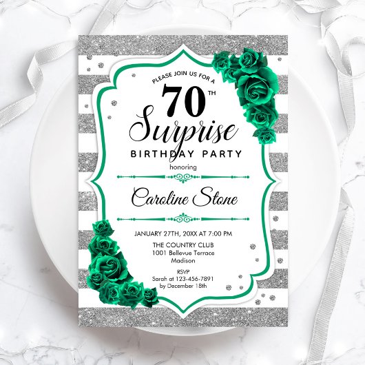 Invitation Vert Argent Blanc Surprise 70e anniversaire
