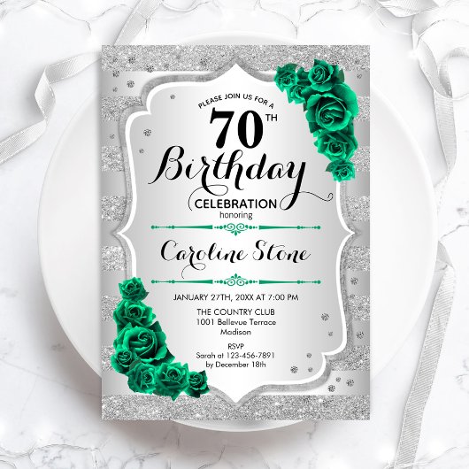 Invitation Vert Argent Élégant Floral 70e anniversaire