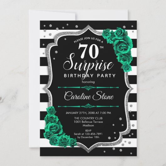 Invitation Vert Argent Noir Surprise 70e anniversaire (Devant)