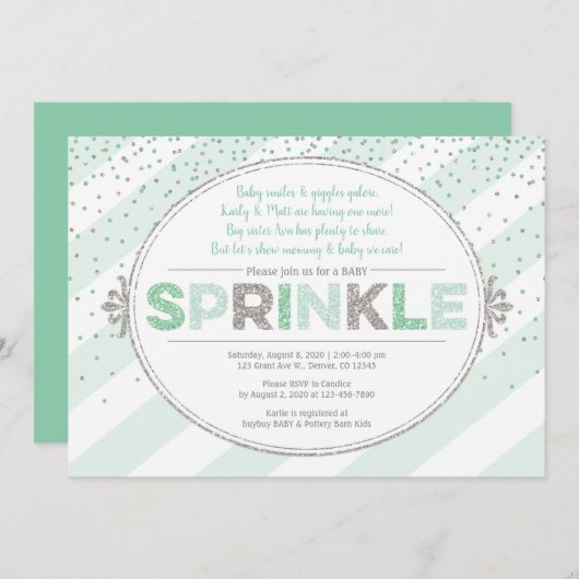 invitation vert argent vert pour bébé neutre pour  (Devant / Derrière)