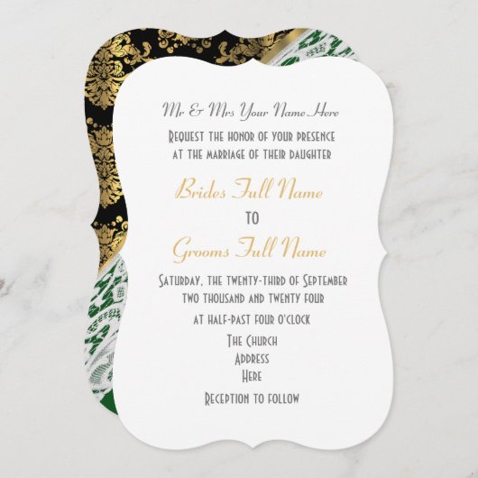 Invitation Vert avec dentelle blanche or mariage damassé (Devant / Derrière)