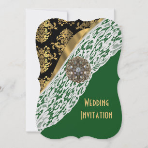Invitation Vert avec dentelle blanche or mariage damassé