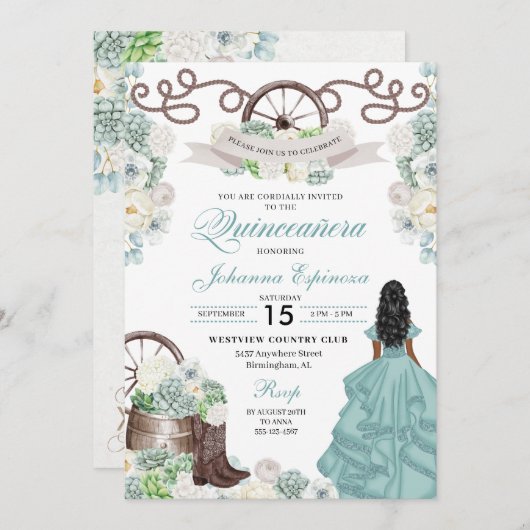Invitation Vert Blanc Cactus Bottes Occidentales Charra Quinc (Devant / Derrière)