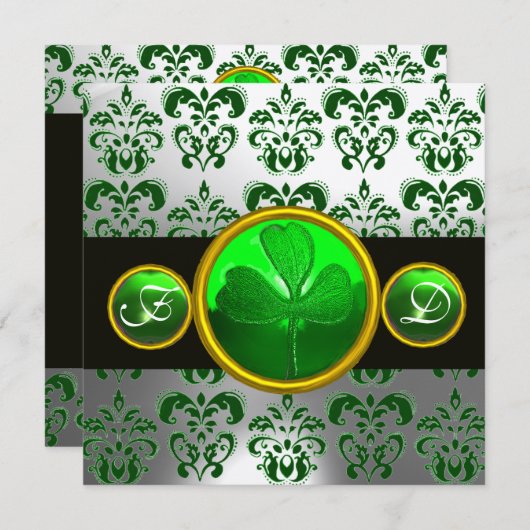 Invitation VERT BLANC DAMAS , MONOGRAMME TRÈFLE ,Noir (Devant / Derrière)