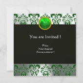 Invitation VERT BLANC DAMAS , MONOGRAMME TRÈFLE ,Noir (Dos)